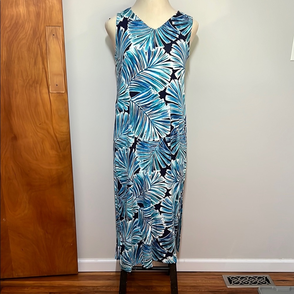 Belle by Kim Gravel Blue White Palm Leaf Print Maxi Dress with Matching Shrug